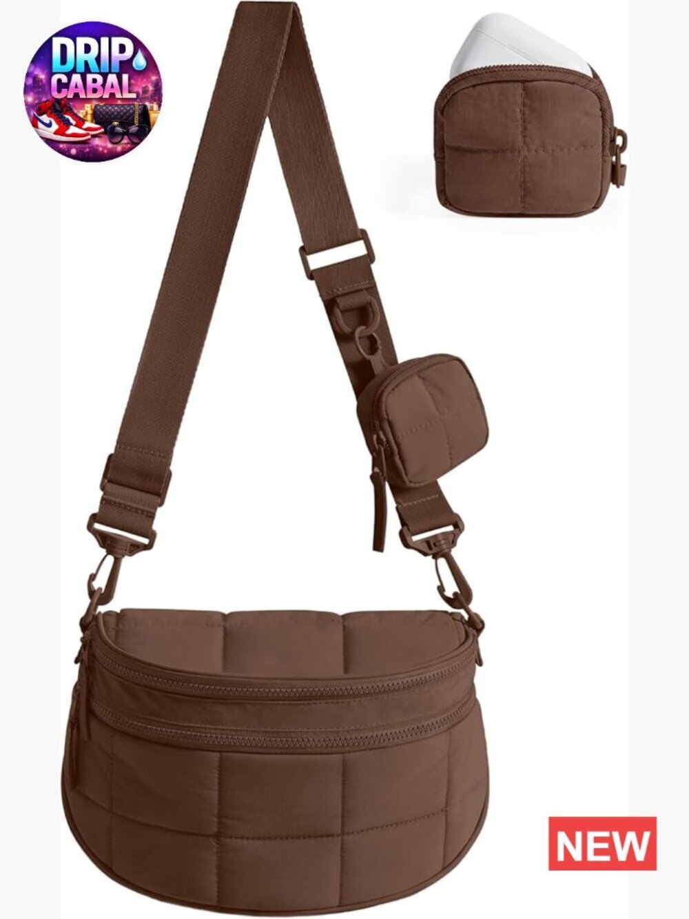 Small Quilted Crossbody Bag with Detachable Pouch, 4.6L, Nylon Puffer, Bum Bag